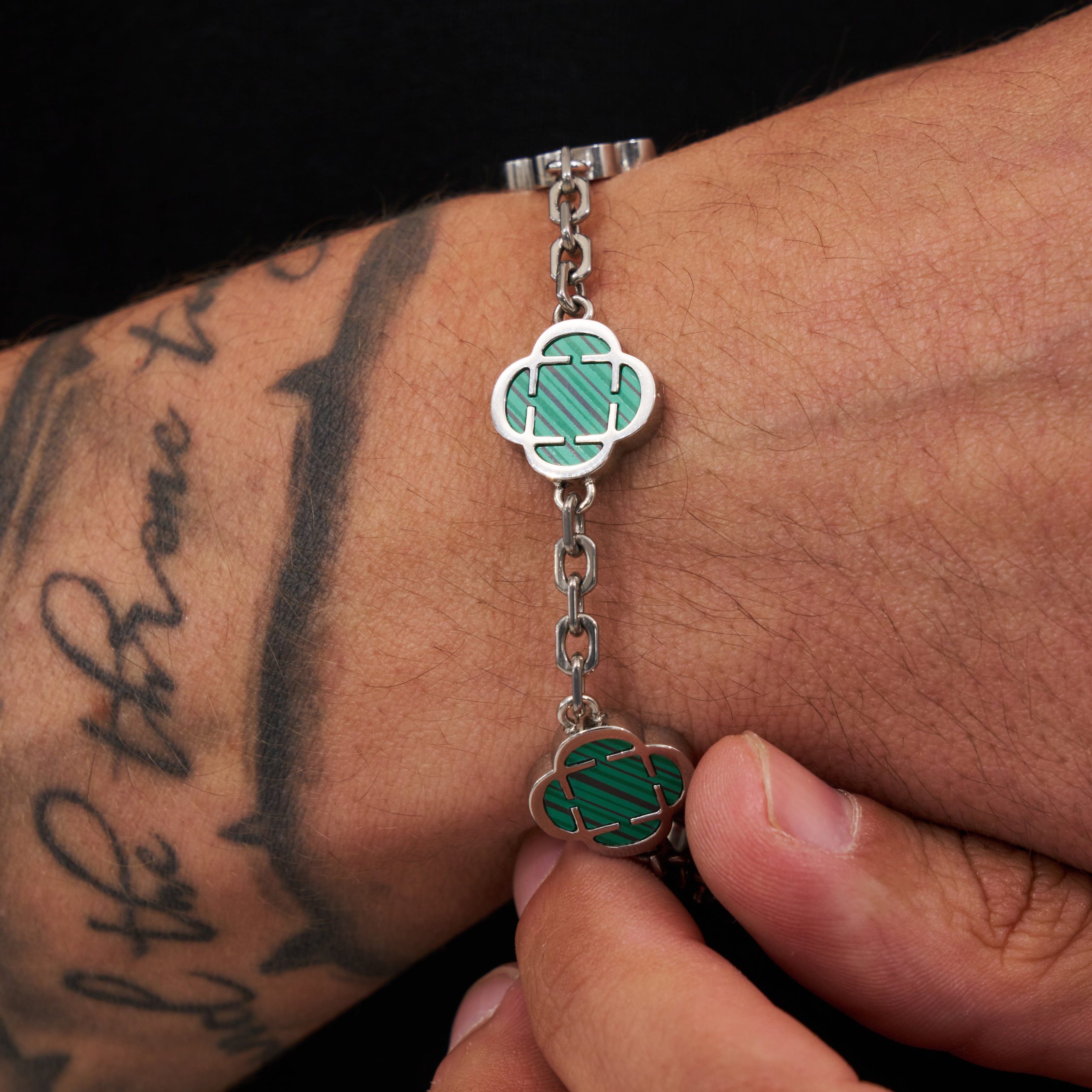 Malachite Clover Stone Bracelet (Silver) - Image 3