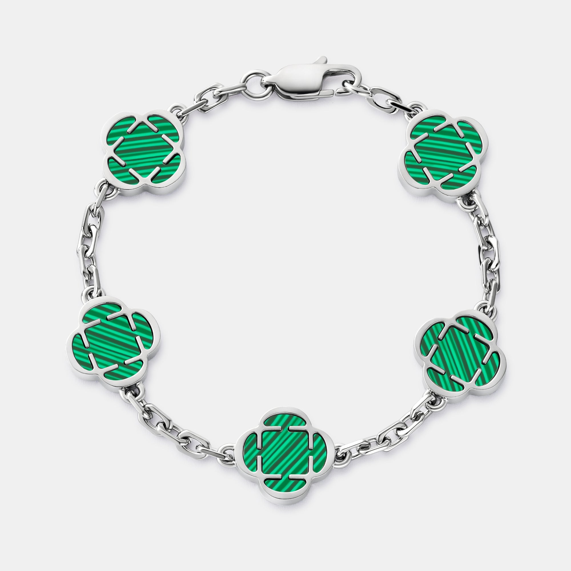 Malachite Clover Stone Bracelet (Silver)