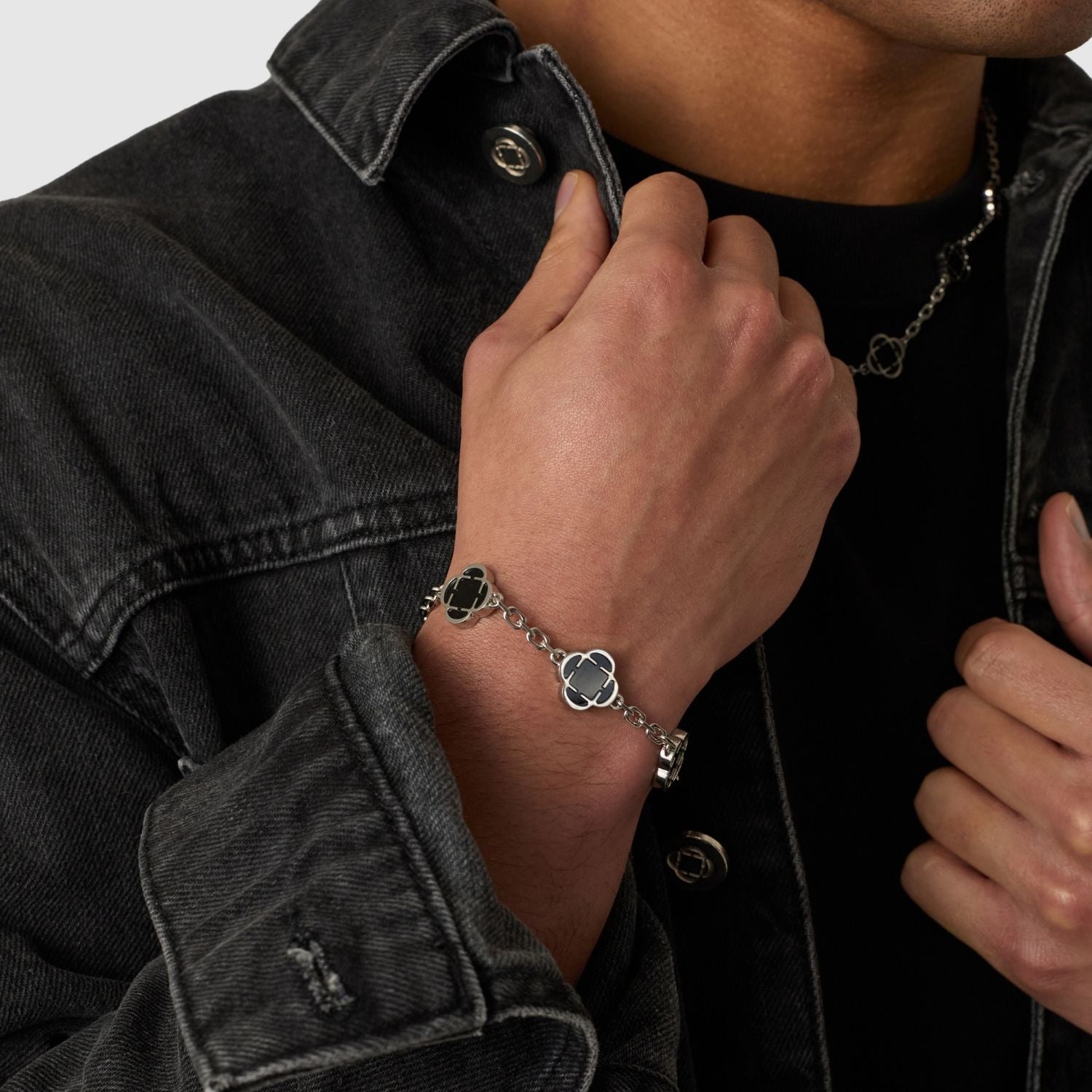 Onyx Clover Stone Bracelet (Silver) - Image 4